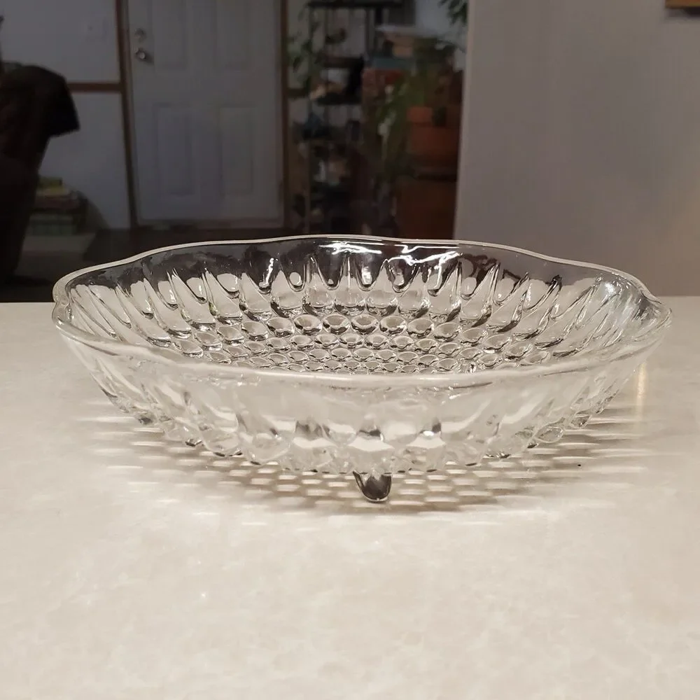 Vintage Anchor Hocking 3-Toed Footed Clear Hobnail Candy Dish Bowl.